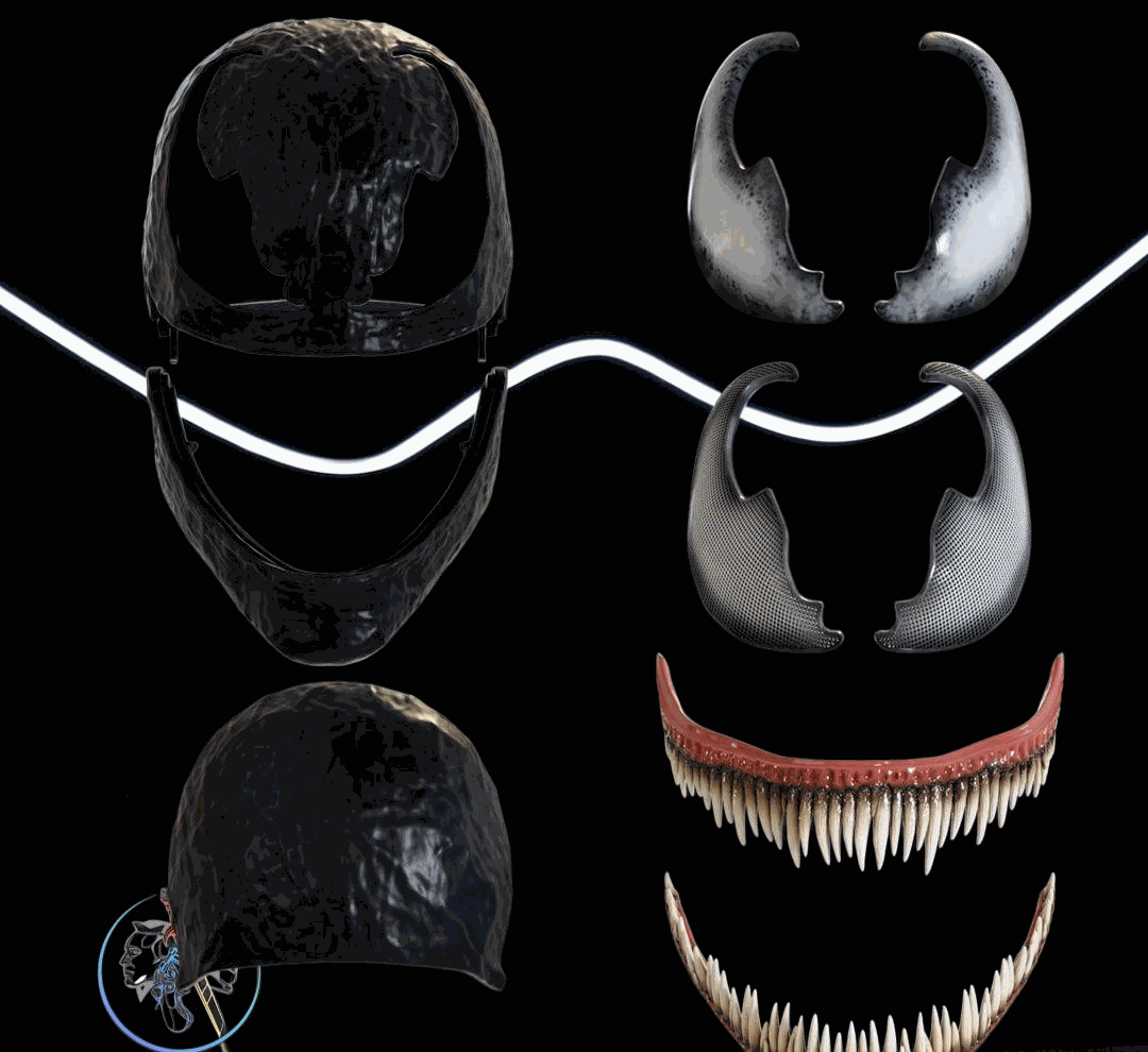 Venom mask helmet with functional jaw and beige teeth fitting heads up to 24 inches