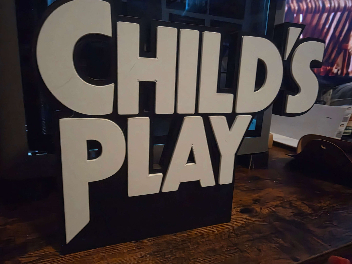 Childs play large sign featuring black-and-white Chucky illustration 10x8 inches