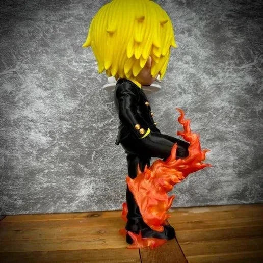 24" Sanji One Piece anime figure holding turkey with orange/red fire effects