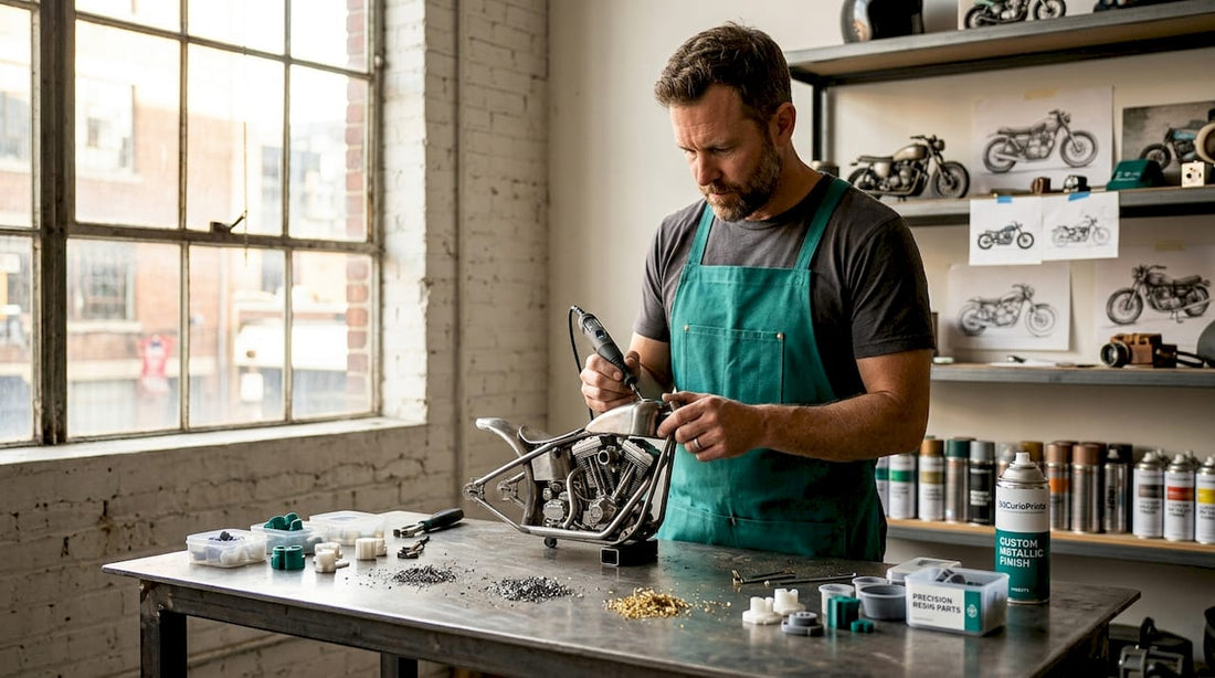 Artist sculpting motorcycle at busy studio workbench