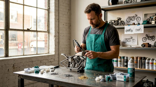 Artist sculpting motorcycle at busy studio workbench