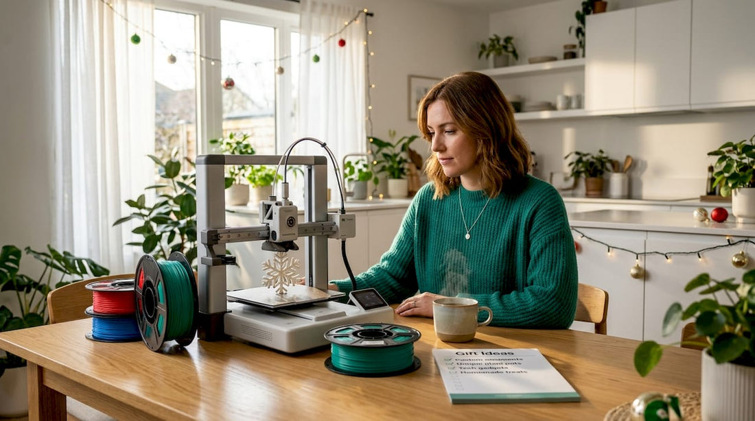 Woman 3D printing holiday gifts at home