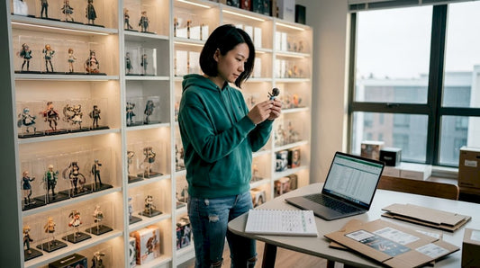 Collector inspecting mini character figures on shelf