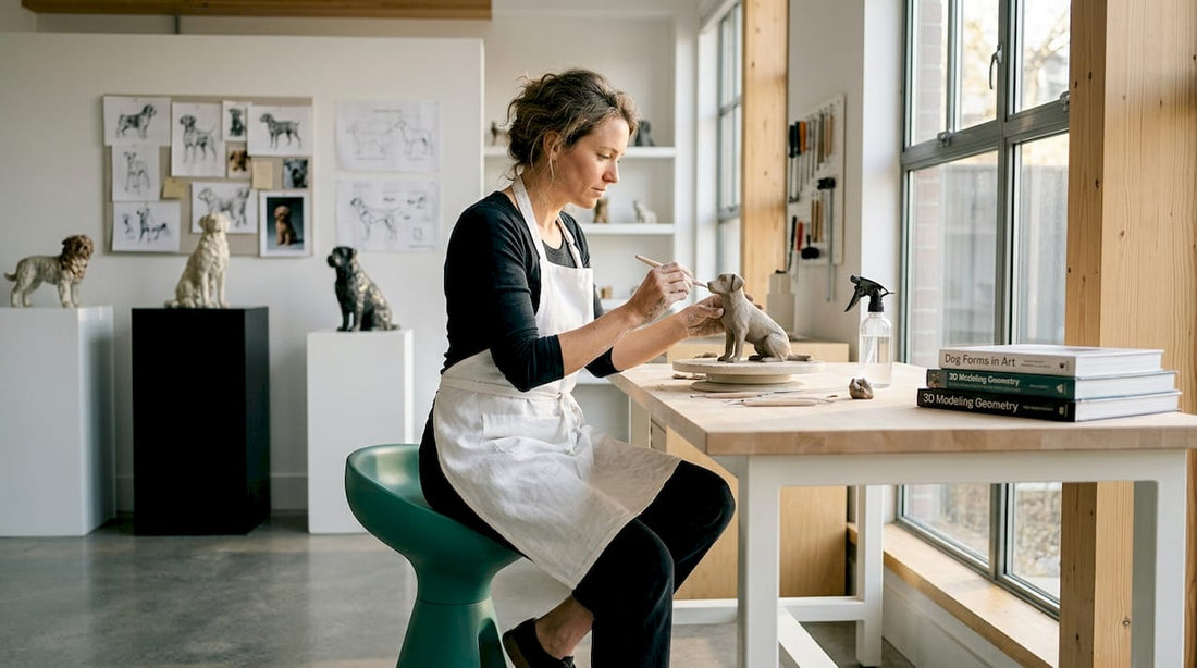Artist shaping dog sculpture at worktable
