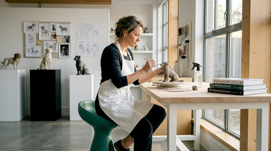 Artist shaping dog sculpture at worktable