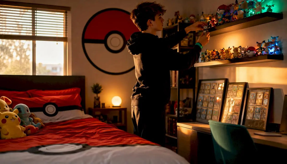 Teen arranging a Pokémon-themed bedroom