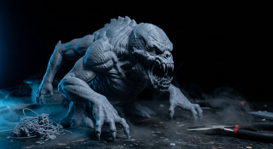 A detailed 3D printed horror figure dramatically lit in cool blue light against a dark workshop background, showcasing the craftsmanship of custom collectible printing.