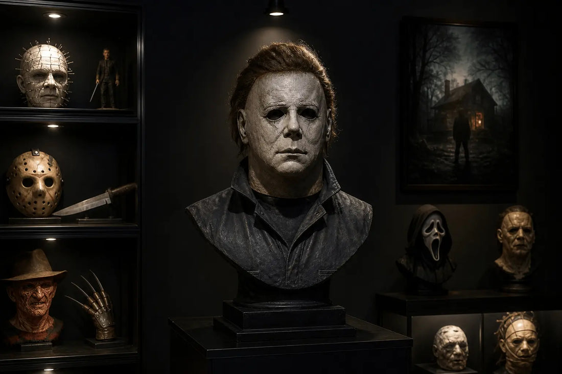 Horror-themed room with a large bust statue, prop replicas, dark walls, and focused accent lighting.