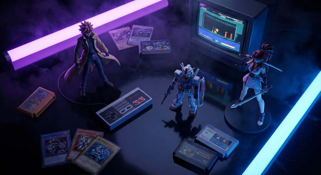A dramatically lit collection of early-2000s anime and retro gaming figures arranged on a dark surface with neon purple and blue lighting casting cinematic shadows.