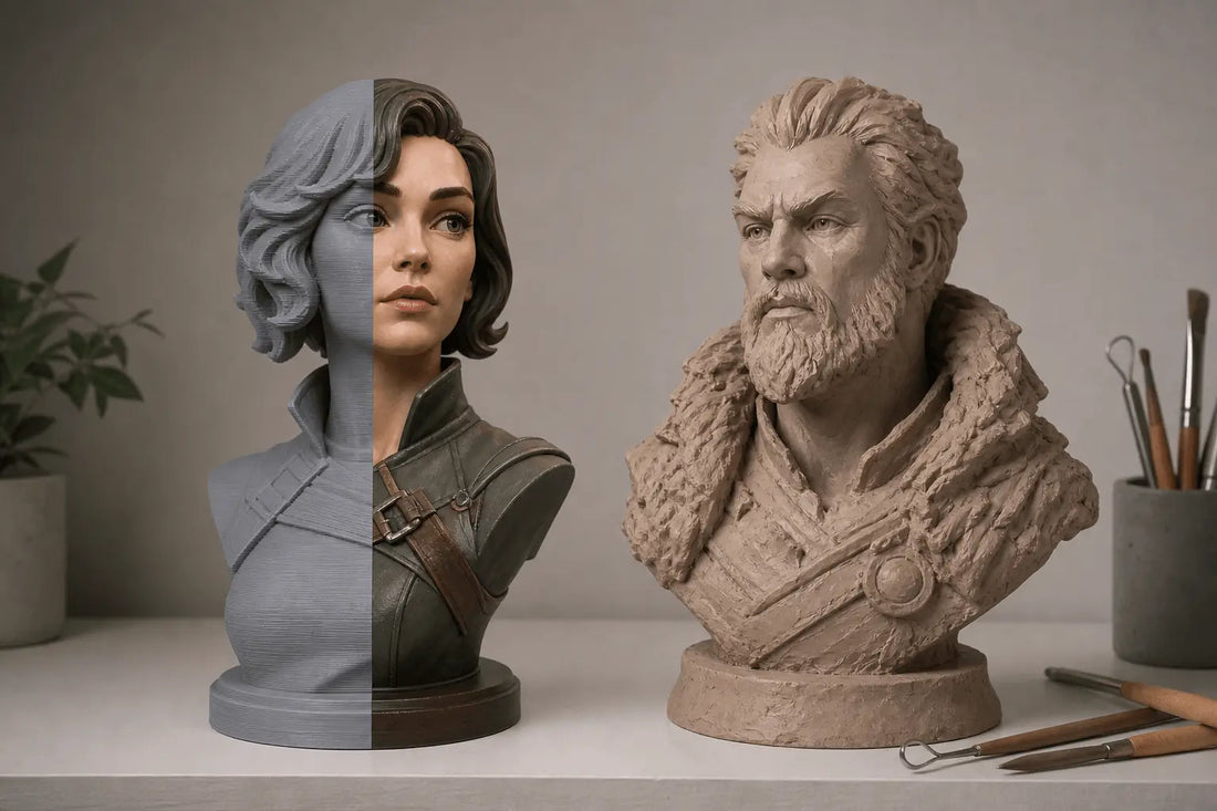 A 3D printed bust and a traditional sculpted bust displayed side by side on a shelf.