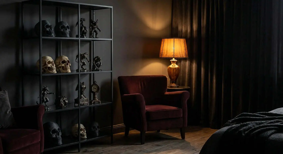 A dramatically lit dark home decor display featuring gothic 3D printed horror sculptures and figurines arranged on a black shelf with moody amber lighting.