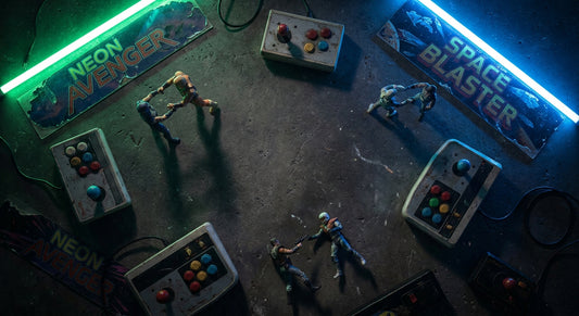 Vintage arcade joystick controllers and detailed action collectible figures arranged dramatically under moody neon green and blue lighting on a dark textured surface.