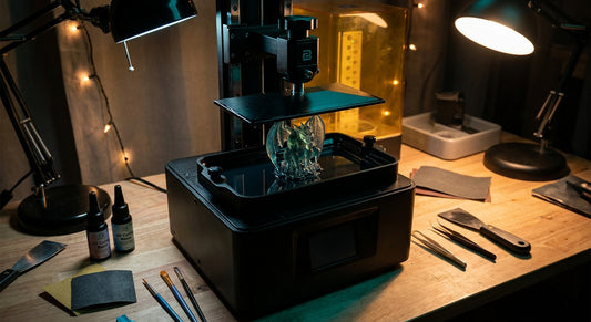 A close-up of a 3D printer forming a detailed collectible figurine in a moody, dimly lit workshop surrounded by finishing tools and resin supplies.