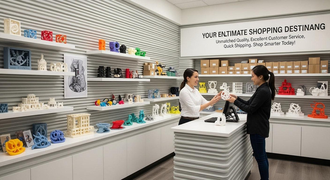 Modern 3D printed shop showcasing quality products with excellent customer service and fast shipping