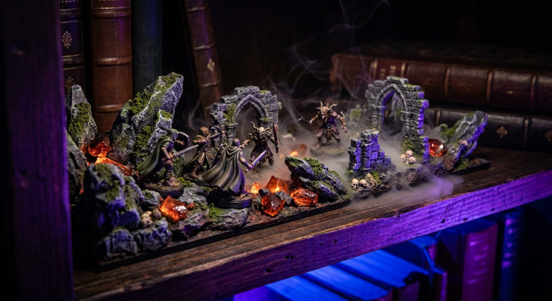 A dramatically lit miniature diorama scene with detailed 3D printed figures displayed on a dark shelf, bathed in moody purple and blue atmospheric lighting.