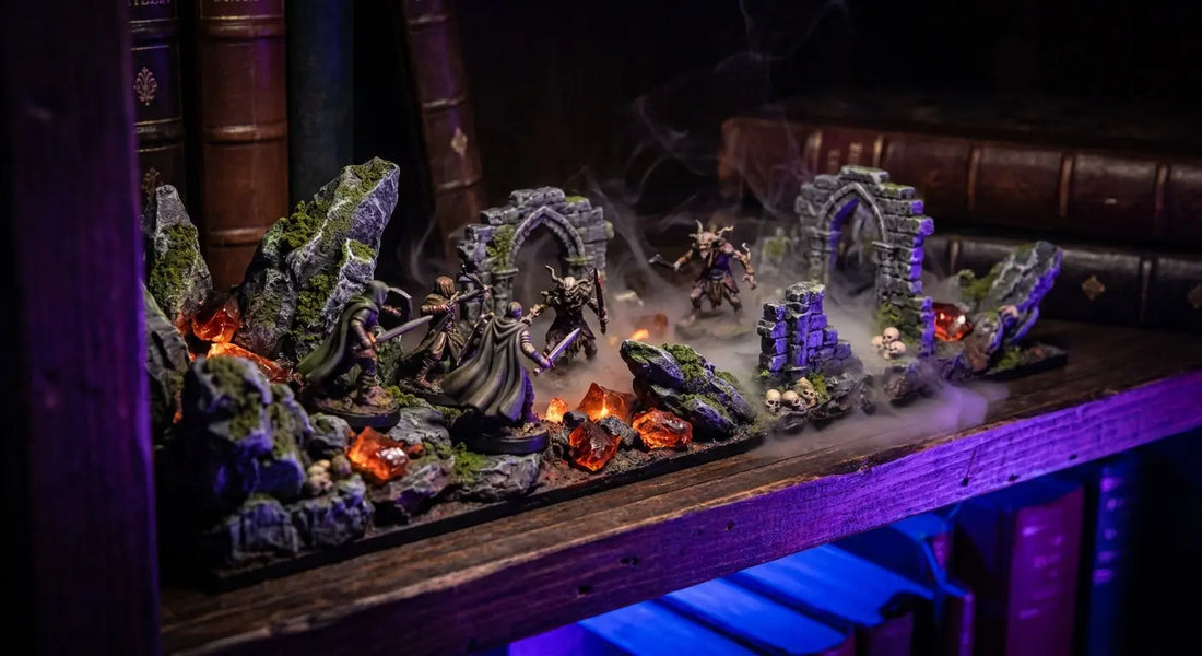 A dramatically lit miniature diorama scene with detailed 3D printed figures displayed on a dark shelf, bathed in moody purple and blue atmospheric lighting.