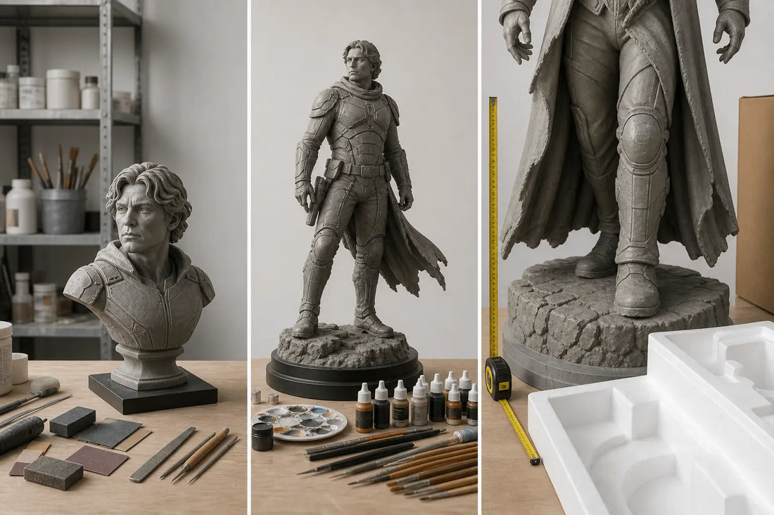 Small bust, medium figure, and large statue parts on a workbench with tools, paint supplies, and packaging materials.