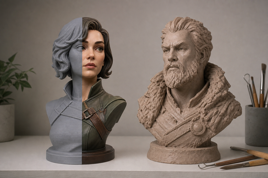 A 3D printed bust and a traditional sculpted bust displayed side by side on a shelf.