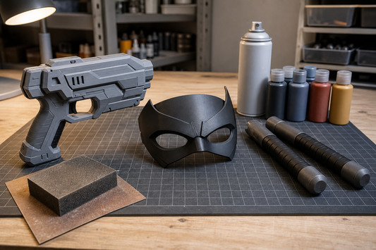 Three beginner-friendly 3D printed cosplay props on a worktable: a compact blaster, a half-face mask, and two short batons beside paint supplies.