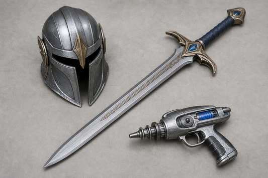 A character helmet, a fantasy sword, and a non-functional sci-fi raygun arranged on a neutral background.