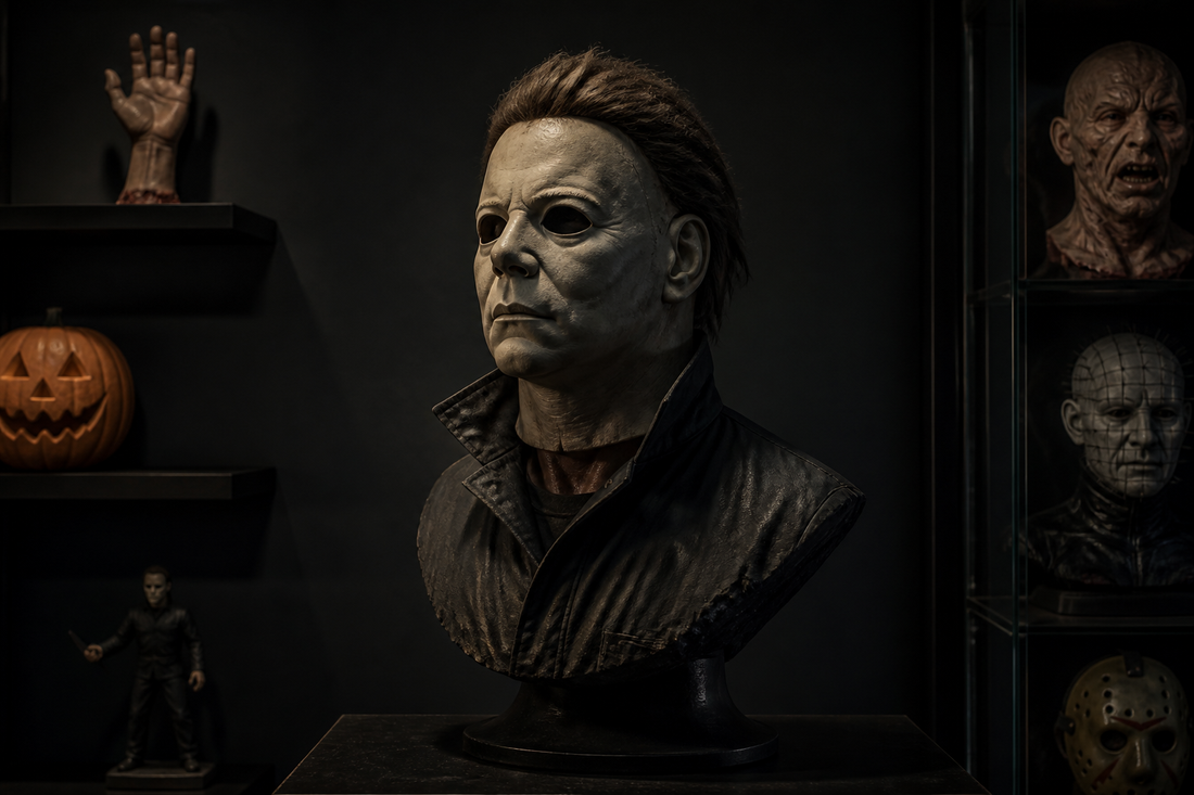 A horror collector room with a life size bust displayed as the main centerpiece under side lighting.