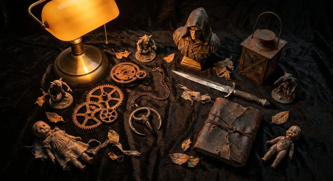 A dramatic, moody flat-lay of dark horror collectible props and mechanical pieces arranged on a charcoal surface under warm amber spotlight lighting.