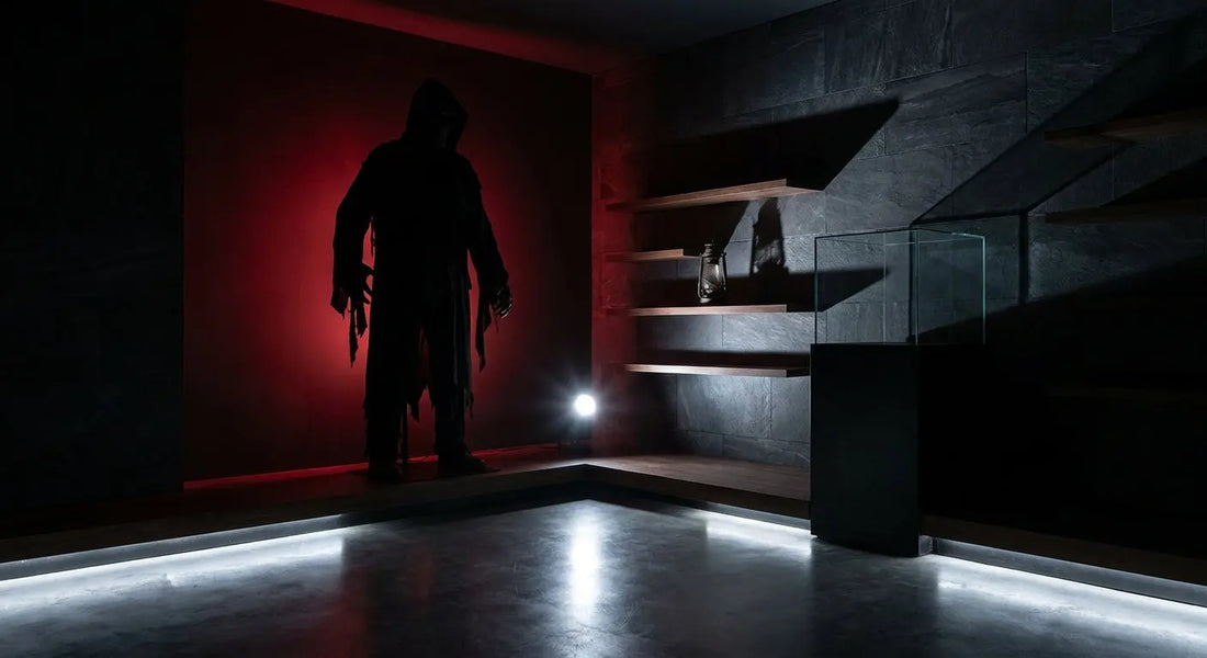 A dramatically lit dark collector's room centered around a towering life-size horror figure, surrounded by intentional negative space and cinematic moody lighting.