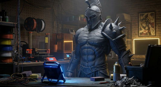 A towering life-size anime warrior figure stands dramatically in a dimly lit 3D printing studio surrounded by industrial equipment and crafting tools.