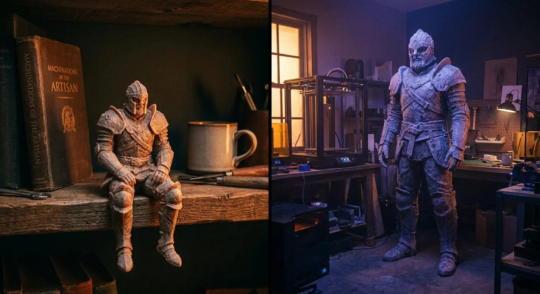 A dramatic comparison of a small display-scale 3D printed collectible figure on a shelf next to a towering life-size 3D printed figure in a moody, dimly lit collector's studio.