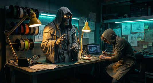 A dramatic workshop scene featuring a life-size 3D printed horror figure on a workbench surrounded by tools and filament spools, bathed in moody teal and amber light.