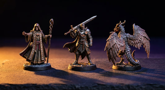 A dramatic close-up of detailed resin RPG miniature figures — a spellcaster, warrior, and winged creature — arranged on a dark slate surface under warm amber spotlighting with deep moody shadows.