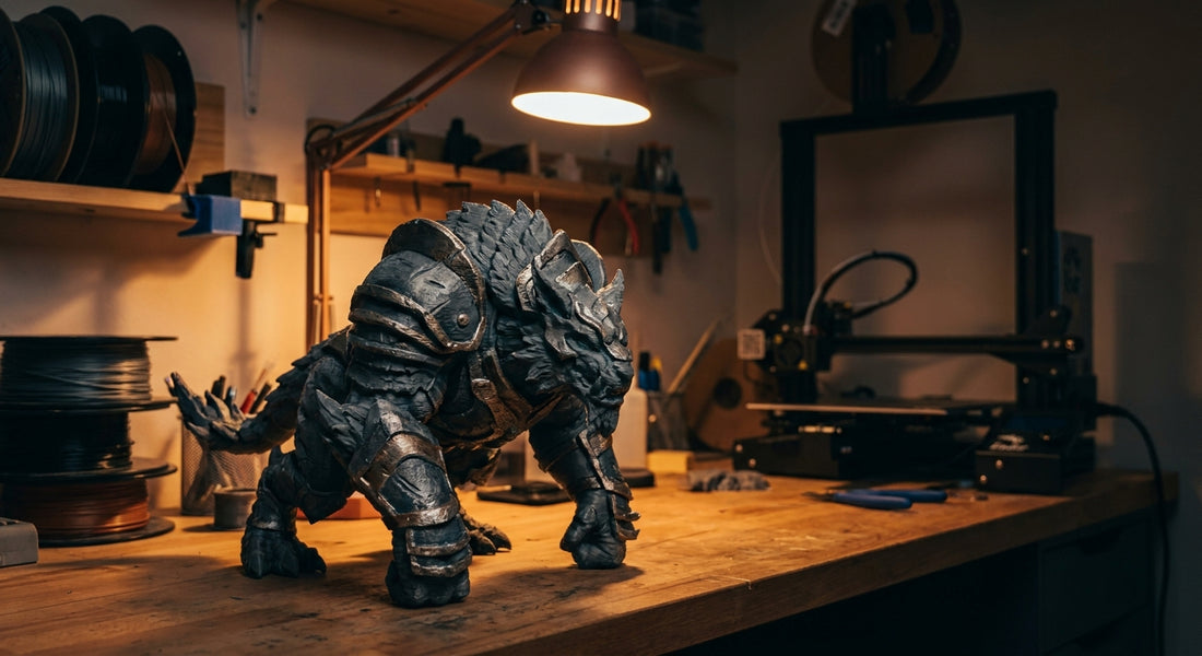 A dramatic, intricately detailed large-scale 3D printed collectible figure displayed on a dimly lit workshop workbench surrounded by maker's equipment.