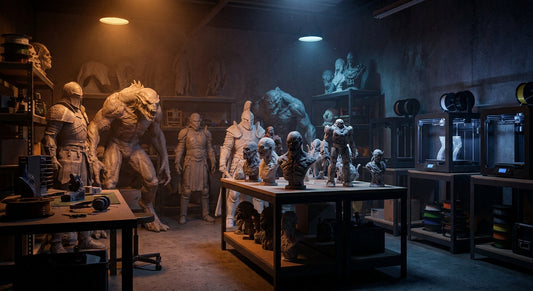 A dramatic studio display of large-scale 3D printed horror and pop culture collectible figures bathed in moody amber and blue lighting.