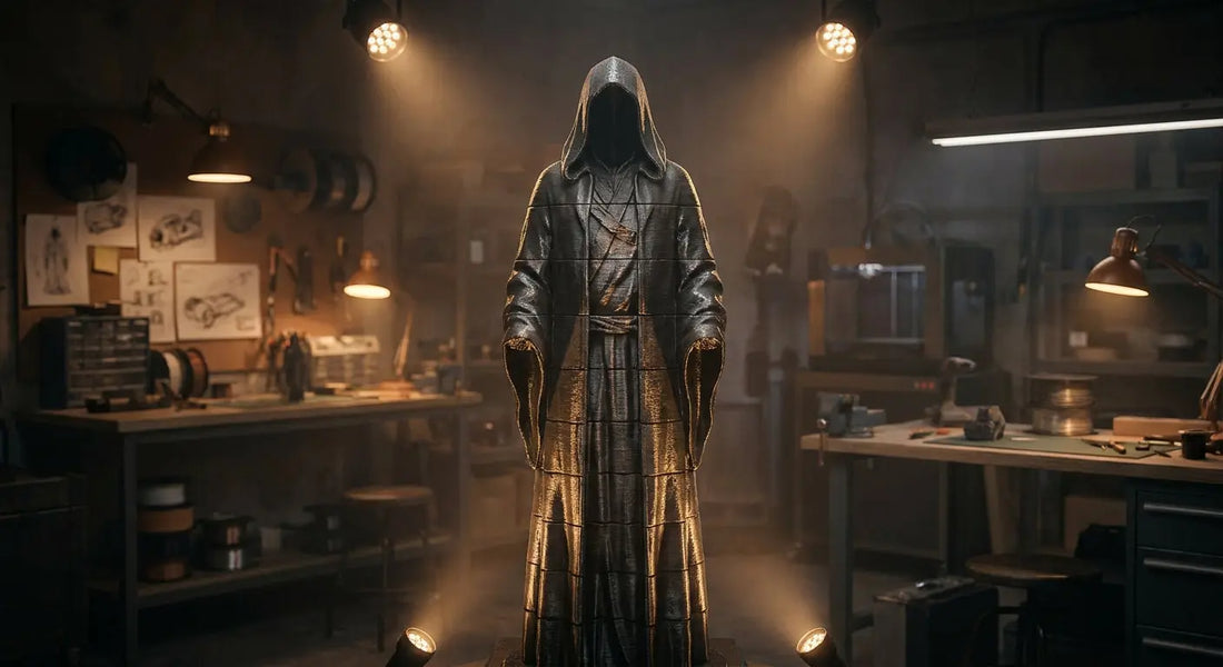 A life-size 3D printed collectible figure dramatically lit in a maker's studio workshop, showcasing intricate detail and craftsmanship.