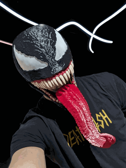 Venom mask helmet with movable jaw fits heads up to 24 inches white and beige teeth