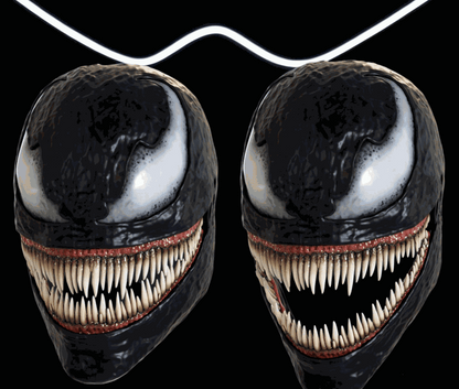 Venom mask helmet with functional jaw open and close fits heads up to 24 inches with white and beige teeth colors