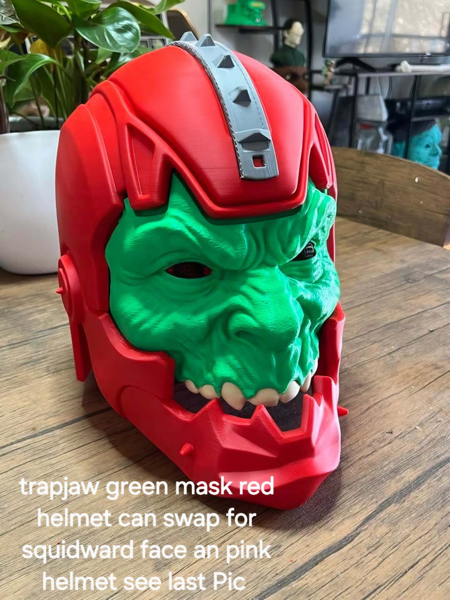 Trap jaw mask with magnets in light green, dark green, and squidward design with pink helmet