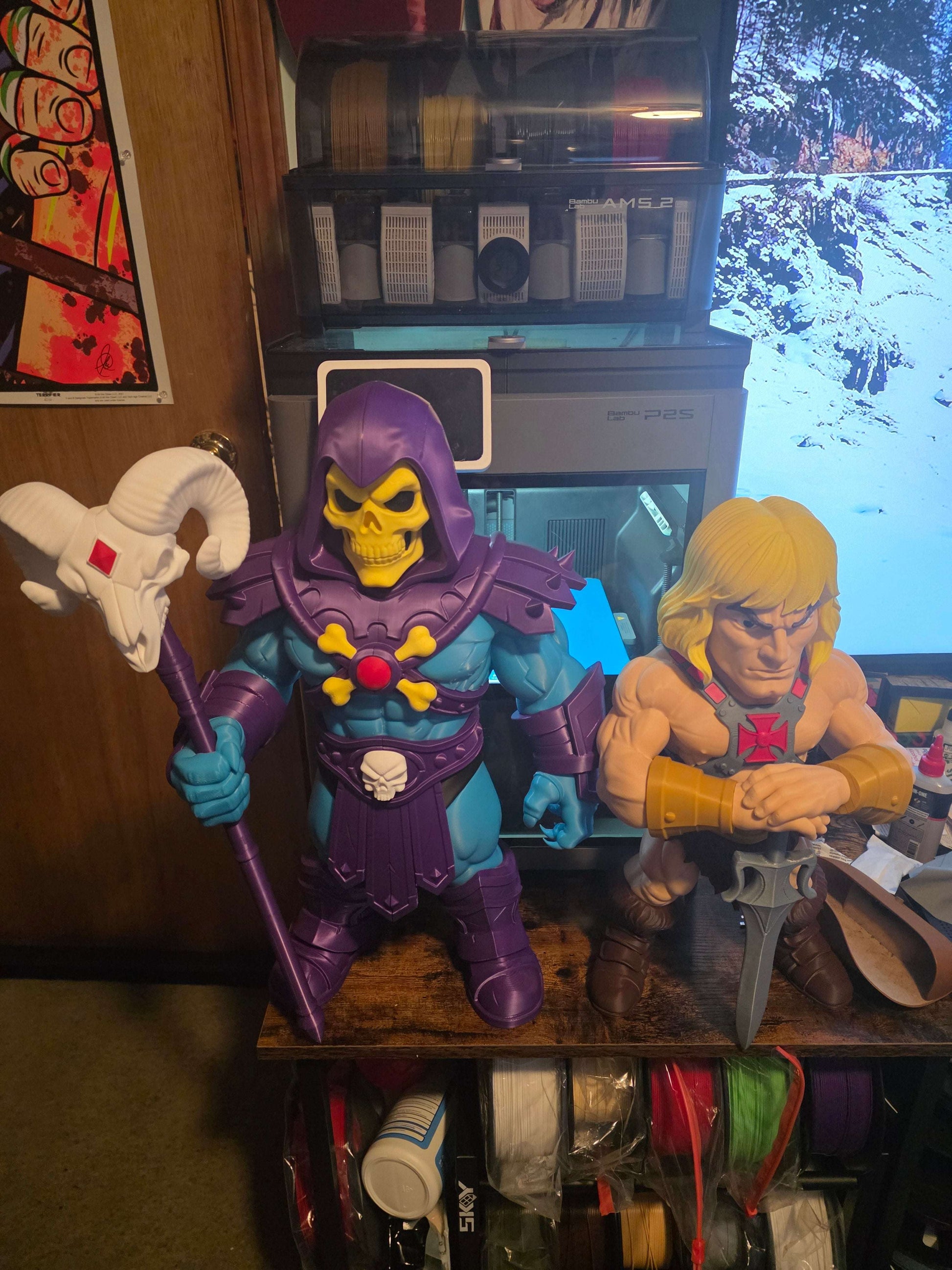 Package deal with 20" Skeletor and 17" He-Man figures with partially glued accessories