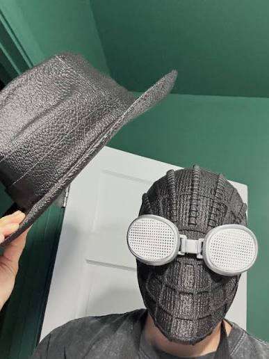 Spiderman noir mask with white goggles and hat set