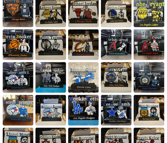 All sports 10 inch nameplate featuring NFL, NBA, and MLB athletes like Jordan, Kobe, LeBron, Curry, Ohtani, and Brady