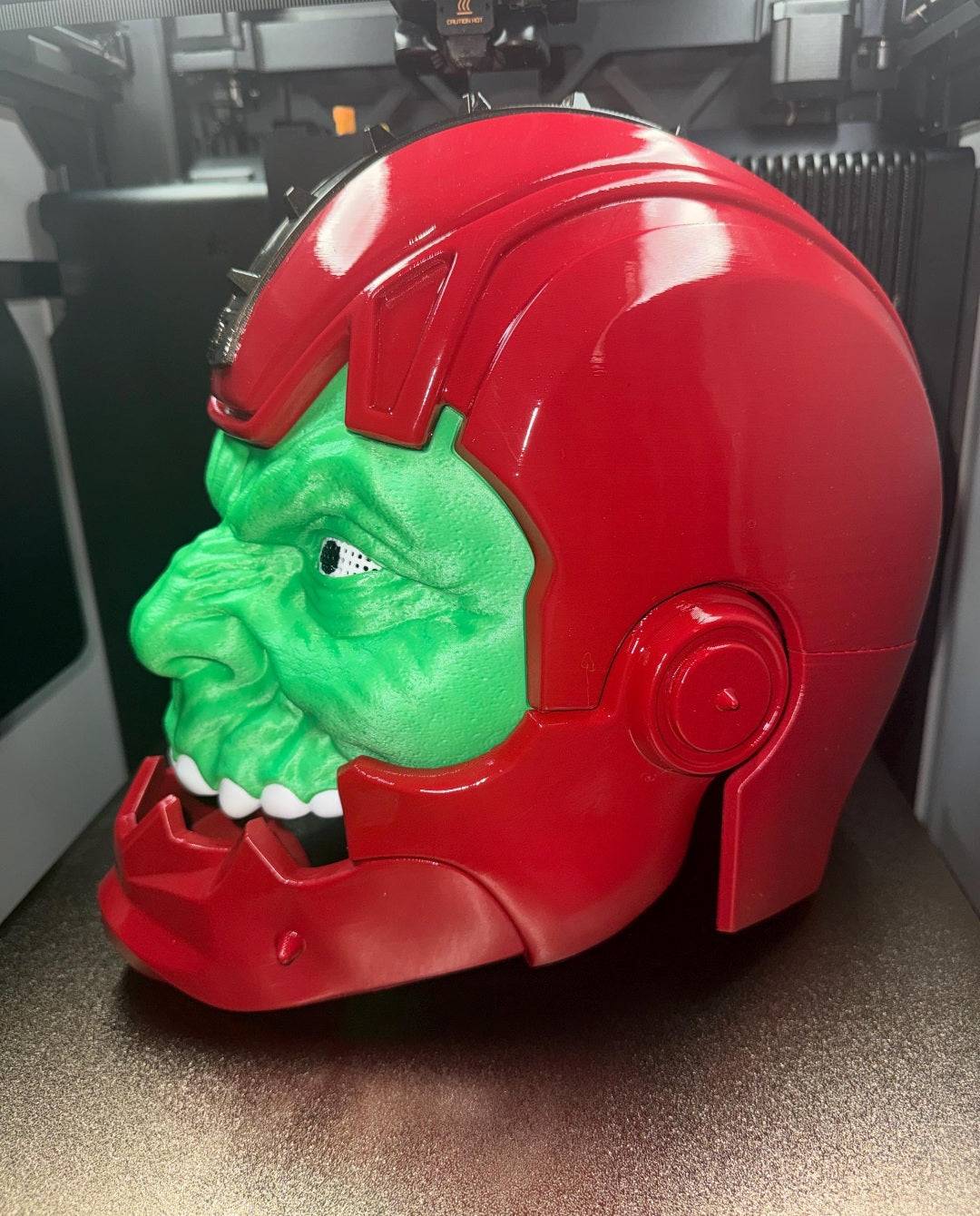 Trap jaw mask in light green, dark green, and squidward design with pink helmet and magnets