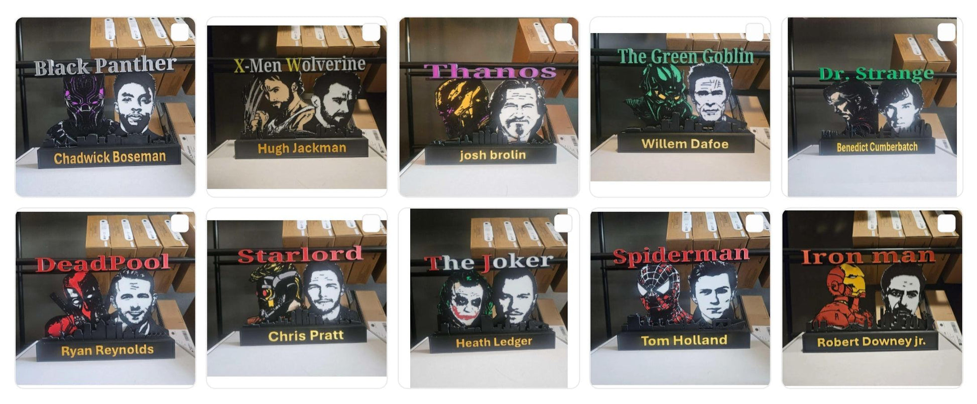 Superhero 10-inch nameplate wall art featuring Wolverine, Spider-Man, Iron Man, and Deadpool for desk or wall display