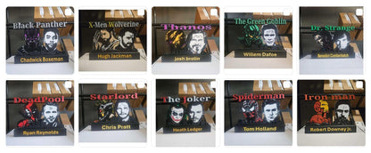 Superhero 10-inch nameplate wall art featuring Wolverine, Spider-Man, Iron Man, and Deadpool for desk or wall display