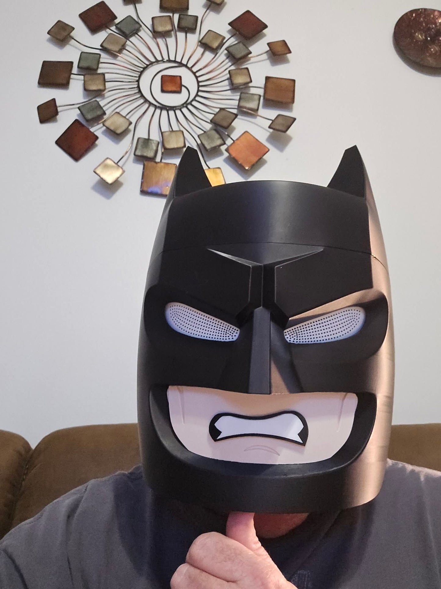 Full-size Lego vigilante mask with magnetic assembly for easy wear