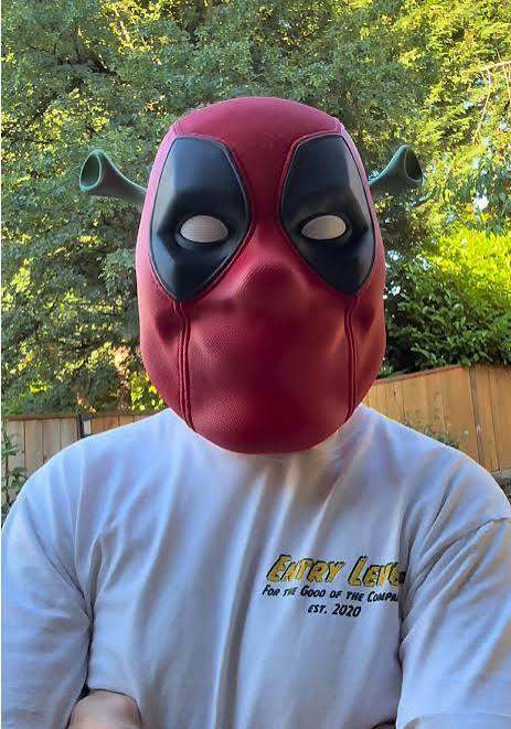 Limited-edition Shrekpool mask combining Shrek and Deadpool design fitting heads up to 24 inches