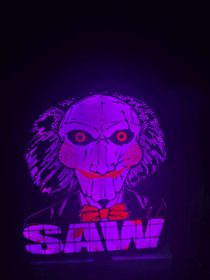 Large saw lightbox featuring ONN LED Billy the Puppet horror theme