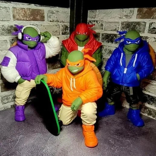 TMNT Urban lot featuring 16" Michelangelo, 20" Leonardo, 20" Donatello, and 23" Raphael figures together