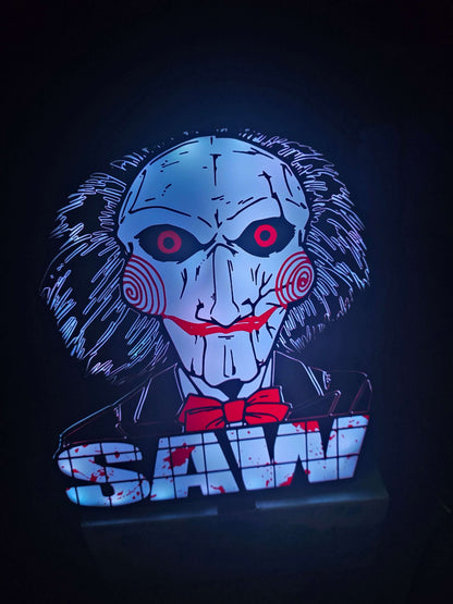 Large saw lightbox featuring Led Billy the Puppet from horror movie