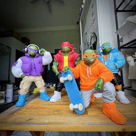 TMNT Urban lot with 16" Michelangelo, 20" Leonardo, 20" Donatello, and 23" Raphael figures together at discounted price