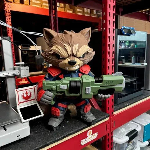 22-inch life-size Rocket prop from Guardians of the Galaxy with navy blue suit and orange accents